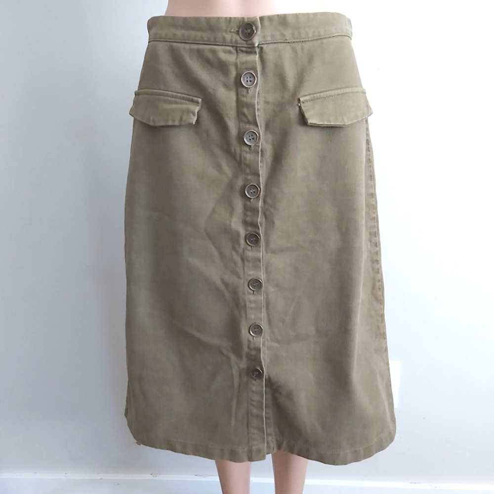 Zara army olive green button down denim midi cargo skirt